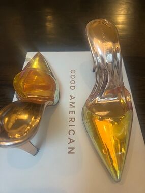 Good American Iridescent Cinder F*cking Rella Pointed Toe Mule Slip-On Heels